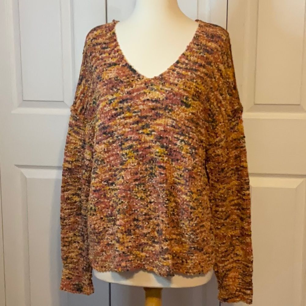 Rachel Zoe Speckled V Neck Orange Sunrise Sweater XL‎